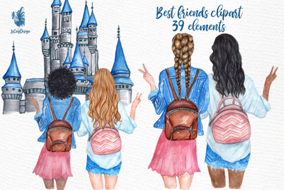 Best Friends Girls Clip Art: A Vibrant Illustration for Small Business Branding
