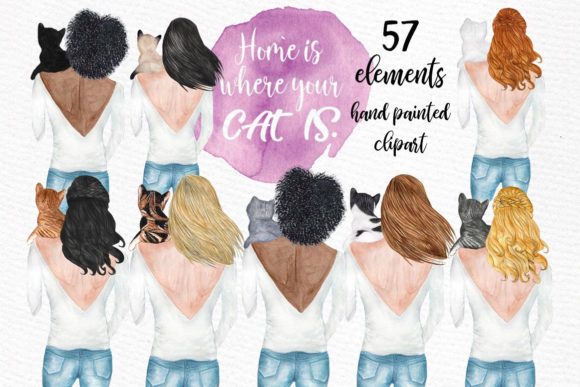 Girls and Cats Clipart for Illustrations