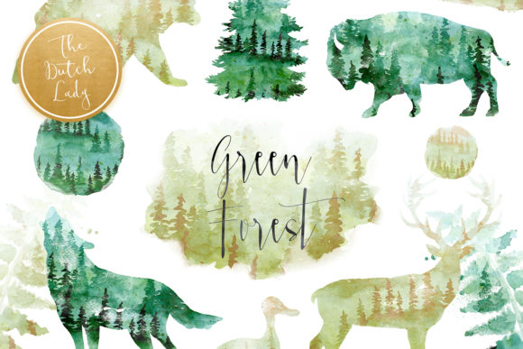 Green Winter Forest Animal Clipart Set and Illustrations