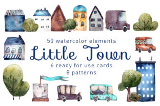 Little Town Watercolor Clip Art Set for Illustrations
